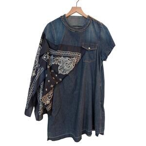 Sacai Bandana Print Scarf Accent Denim Tunic Dress JP2